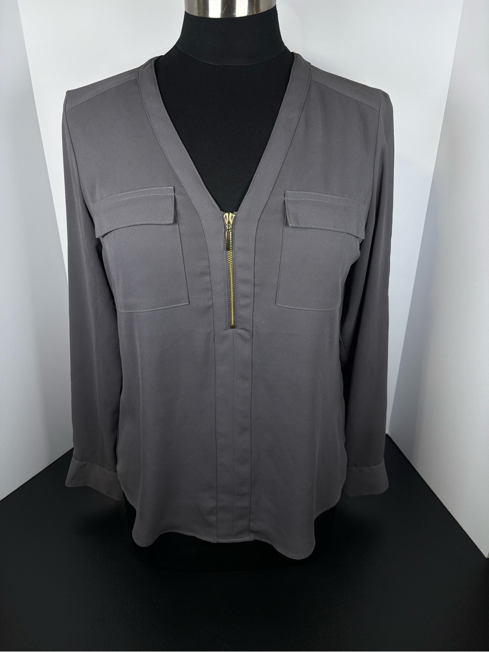 Express Men's Gray Button-Down Shirt with Gold Zip